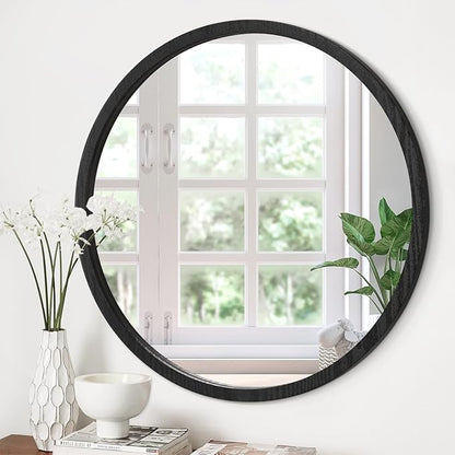 JJUUYOU Large Circle Wall Mirror 24 Inch for Home Decor Round Mirror for Bathroom Black Wall Mounted Wood Frame Mirrors for Living Room Bedroom Washroom Dorm