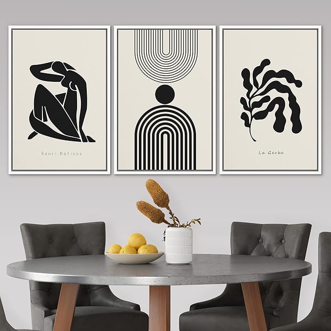 SIGNLEADER Framed Canvas Print Wall Art Set Duotone Matisse Dancer Flower Plant Collage Abstract Shapes Illustrations Modern Art Boho Decorative for Living Room, Bedroom, Office - 24"x36"x3 WHITE