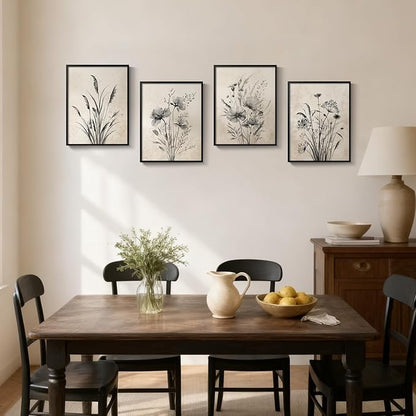 Framed Boho Vintage Botanical Wall Art, 4 Piece Black and White Floral Canvas Prints for Modern Farmhouse Bathroom, Natural Rustic Flower Artwork for Bedroom Kitchen Hallway Wall Decor, 11x14