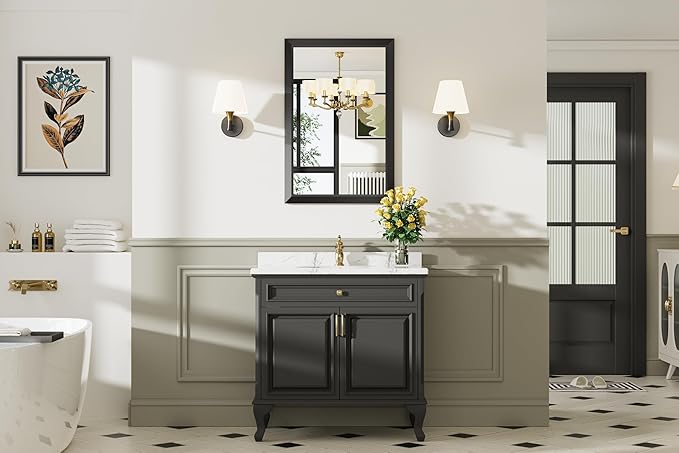 Briivue 24x36 Inch Black Bathroom Mirror for Wall, Thick Metal Framed Rectangle Mirrors for Over Sink, Bedroom, Living Room, Entryway, Anti-Rust, HD Tempered Glass