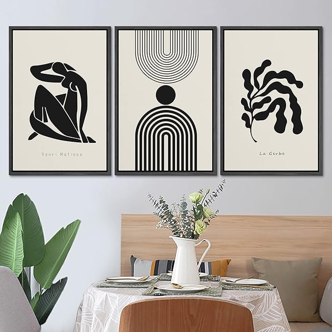 SIGNLEADER Framed Canvas Print Wall Art Set Duotone Matisse Dancer Flower Plant Collage Abstract Shapes Illustrations Modern Art Boho Decorative for Living Room, Bedroom, Office - 24"x36"x3 BLACK