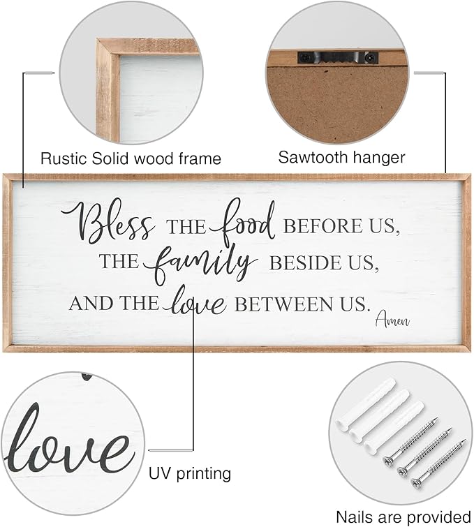 Bless The Food Before Us Home Decor Wall Sign For Family Kitchen Farmhouse Dining Room Vintage Rustic Retro Boho Wood House Wall Art Decoration For Living Room Bedroom 40 x 15 Inch brown