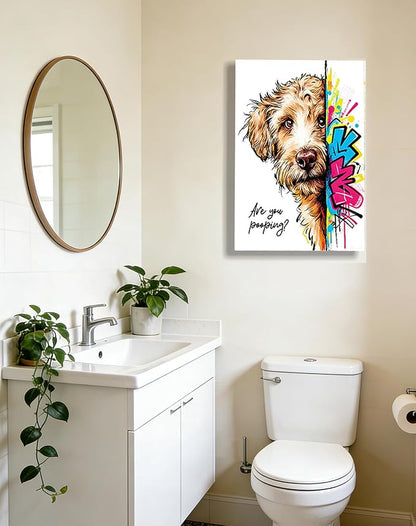 16x24“ Funny Goldendoodle Dog Bathroom Wall Art Painting, "Are You Pooping?" Graffiti Pet Canvas Print, Humorous Restroom Poster Decor for Washroom Bathroom Toilet, Modern Pop Art Dog Lover Gift (Framed)