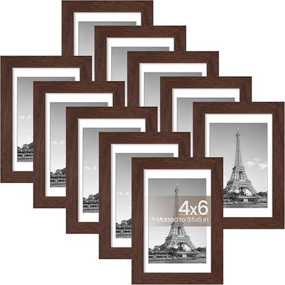 upsimples 4x6 Picture Frame Set of 10, Display Pictures 3.5x5 with Mat or 4x6 Without, Multi Photo Frames Collage for Wall or Tabletop Display, Brown
