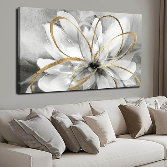 SOUGUAN White Floral Wall Decor Grey Background Modern Painting Wall Art 24"x36" Neutral Artwork Paintings for Bedroom Kitchen Pictures