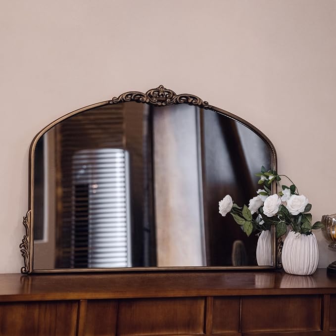 Vintage Gold Wall Mirror - 36x24 Inch, Baroque Arched Design, Ornate Crown Metal Frame, Distressed Gold Finish, Large Antique Decorative Mirror for Fireplace Mantle, Living Room, Bathroom, Entryway