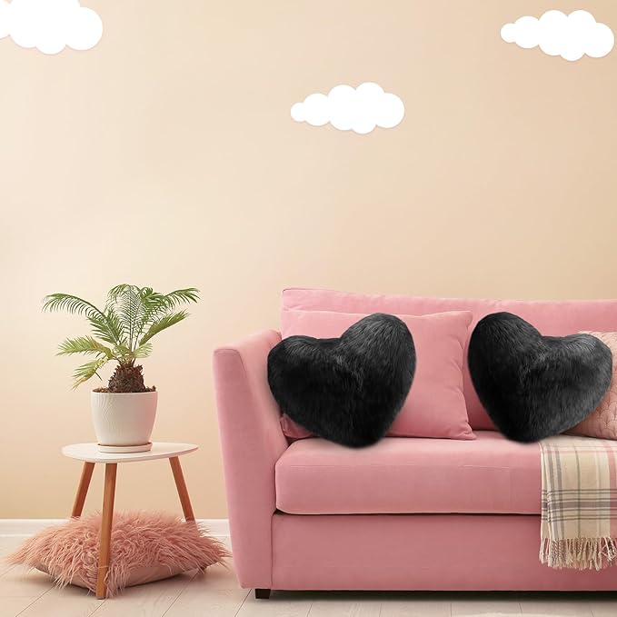 Enhon 2 Pcs Fluffy Heart Pillows Faux Fur Heart Shaped Plush Pillow Soft 20 x 15.7 Inch Love Throw Pillows with Insert for Decorative Office Home Bedroom Living Room Sofa(Black)