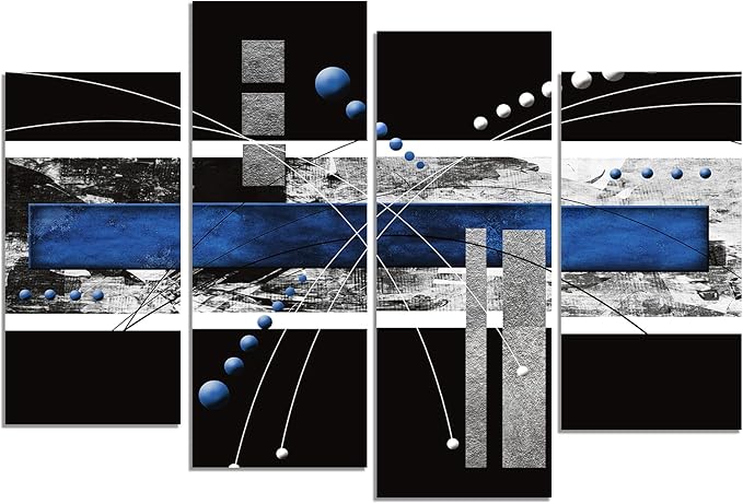 YPY Large Black Blue Canvas Wall Art - 4 Panels Modern Abstract Picture Set for Home Decoration - Contemporary Painting Artwork Ready to Hang Living Room Bedroom W48 x H36