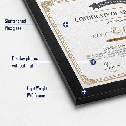 Hoikwo 18 Packs 8.5x11 Black Multi Plastic Picture Frames Set with Plastic Cover, Certificate Frames for Document Diploma Award, Light Weight Bulk 8.5 by 11 Frames Pack for Wall Hanging and Table