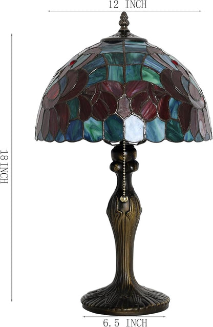 Tiffany Lamp Stained Glass Table Lamp Bedside Reading Lamp 12 x 19” Lotus Style Decorative Lamp for Desk Living Room Bedroom Study Office Light Home Decor Ambient Gift