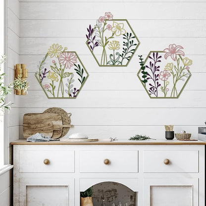 ESTART 3 Pcs Metal Flower Wall Decor, Minimalist Floral Wall Hanging Art, Abstract Line Floral Wall Art Sculpture for Bedroom Bathroom Living Room Kitchen Dining Room (Multi Color)