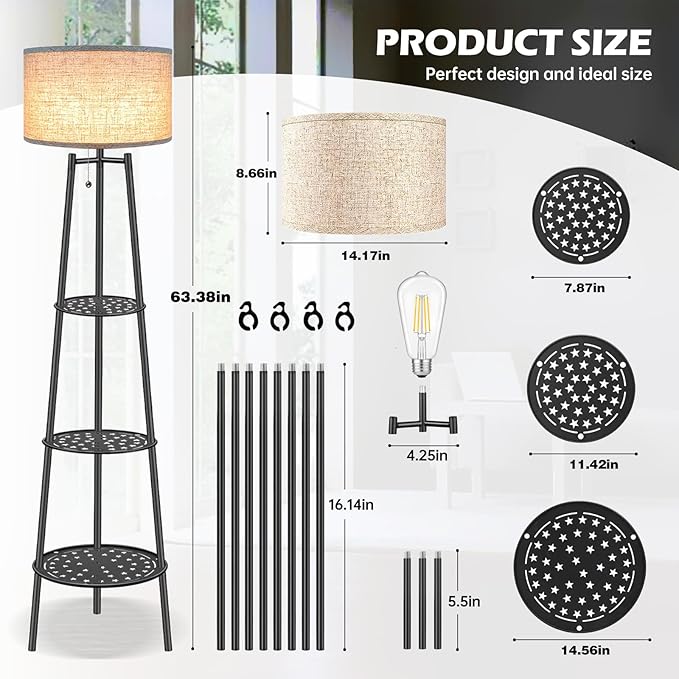 ZQQLITE 2 PCS Black Floor Lamp with Shelves for Living Room， Standing Lamp，Tall Lamp， Amparas Elegantes para Sala with Linen Shade，Modern Floor Lamp for Living Room，Bedroom or Office（Black ）