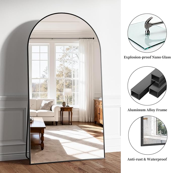 Full Length Mirror, 78"x35" Arched Full Body Mirrors, Large Floor Mirror with Stand, Hanging Mounted for Bedroom Living Room Cloakroom, Aluminum Alloy Frame, Black