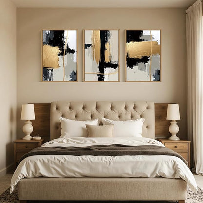 Abstract Black Gold Framed Canvas Wall Art Set,Modern Minimalist Black White Wall Decor,Neutral Color Block Line Art Print for Living Room,Bedroom,Dining Room,Office-16 x24 x3