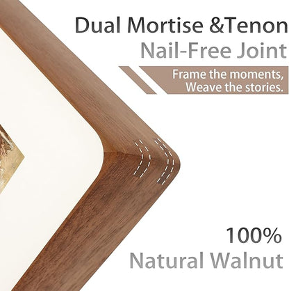 Square 8x8 Picture Frame with Mat for 4x4/6x6, Natural Walnut Wood Handcrafted Rounded Corner with Real Glass, Vertical or Horizontal Display Photo Gallery Wall & Tabletop Frame