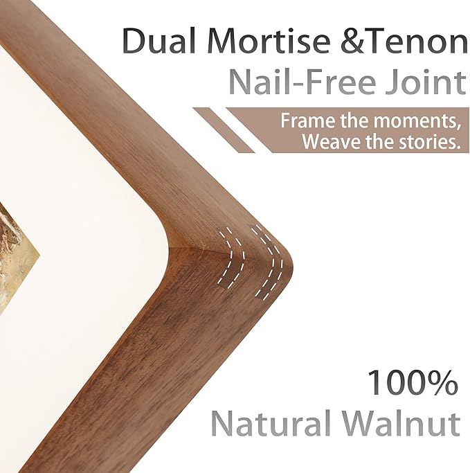 11x14 Picture Frame with Mat for 5x7/8x10, Natural Walnut Wood Handcrafted Rounded Corner with Real Glass, Vertical or Horizontal Display Photo Gallery Wall Mounting Frame