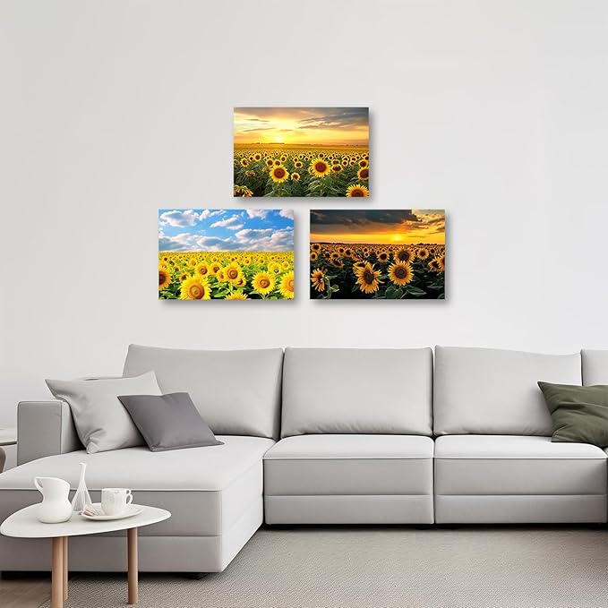 CCWACPP Sunflower Canvas Wall Art 3 Panels Sunflower Floral Field Sunset Pictures Yellow Flower Print Painting Large Living Room Decor Frame (Sunflower - 2, 16x24inchx3Pcs)