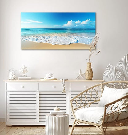 Beach Pictures Wall Art Canvas Print Ocean Pictures Wall Decor Blue Seascape Painting Large Beach Landscape Picture Modern for Home Living Room Bedroom Bathroom Office Decorations 20" x 40"