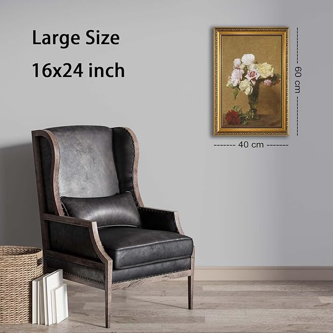 YD&YZY Gold Framed Vintage Wall Art Canvas Henri Fantin Latour Roses Floral Retro Farmhouse Print Art Wall Decor Rustic Cottagecor Painting Picture Print for Dining Room Bedroom 16x24 inch Framed