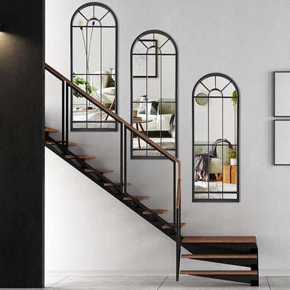 HQiJun Wall Mirror Window Decorative Mirrors Arched Farmhouse for Living Room Bedroom Entryway Bathroom Vanity (Black,47” x17” x1”)