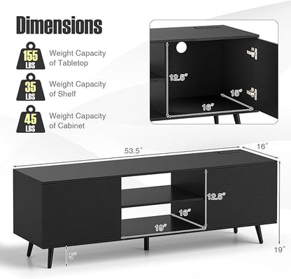 Tangkula TV Stand for 60" TVs, Entertainment Center w/Power Outlets, Mid Century Modern Media TV Console Table w/Adjustable Shelf, 2 Cabinets & Metal Support Legs for Living Room (Black)