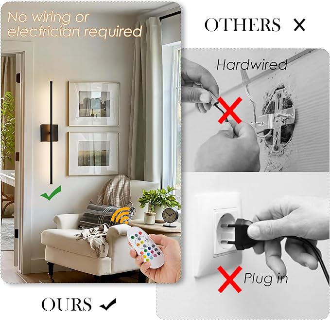 KARTOOSH 28.3 Inch 9 RGB Color Battery Operated Wireless Wall Sconces Set of Two, with Remote, Dimmable, Warm/Natural White/Daylight, Rotatable, LED Wall Light for Living Room, Bedroom, Black