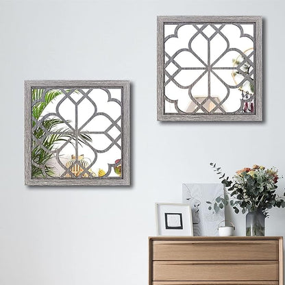 Wocred 2 PCS Square Wall Mirror,Gorgeous Rustic Farmhouse Accent Mirror,Barn Wood Color Entry Mirror for Bathroom Renovation,Bedrooms,Living Rooms and More(20”x20”)