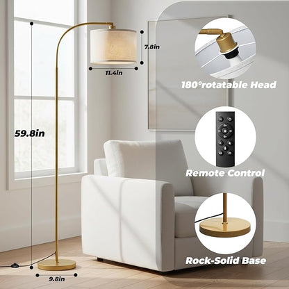 LALISU Arc Floor Lamps for Living Room, Modern Standing Lamp with Remote Dimmable Floor Lamp with Linen Shade, Tall Lamp for Bedroom Office Dining Room (Gold)
