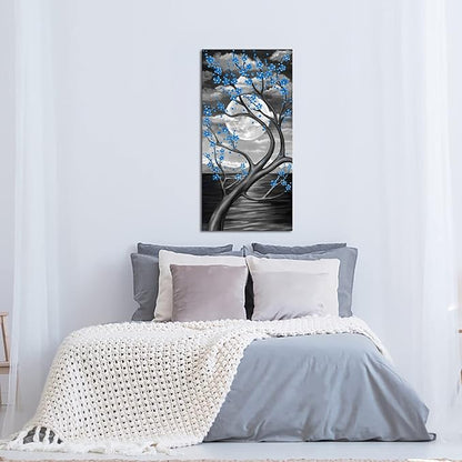 KREATIVE ARTS Blue Flower Tree Wall Art for Bedroom Cherry Blossom Tree in Full Moon Night Landscape Canvas Prints Artwork for Home Wall Decoration Ready to Hang Vertical 20x40inch (Blue)