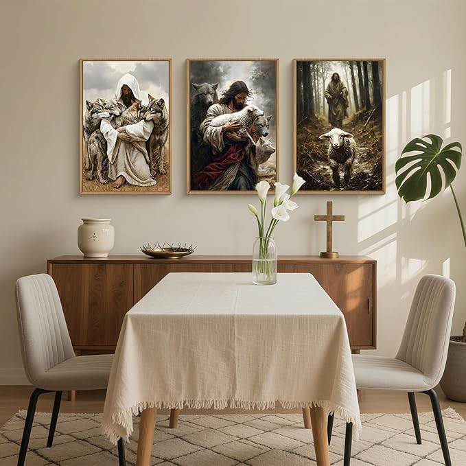 KAIRNE Easter Jesus and Lamb Framed Canvas Wall Art Set,Vintage Christian Wolf Wall Decor,Modern Religious Faith Art Prints,Retro Bible Forest Artwork for Living Room,Bedroom,Church,Office-24 x36 x3