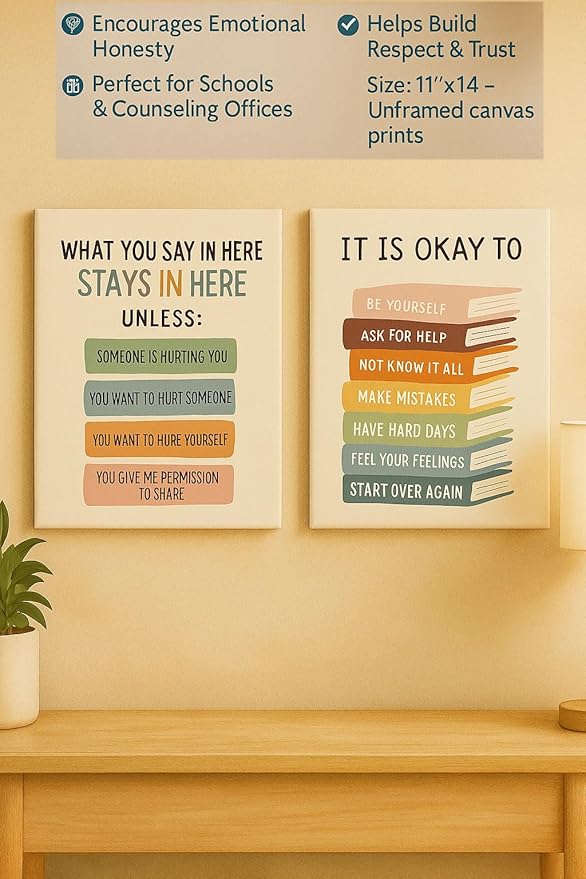 2 Therapy Office & Classroom Wall Decor – What You Say Here Stays Here / It’s Okay to Feel Posters – Emotional Learning Decor for School Counselor, Mental Health Room, Home – Unframed Canvas 11"x14"