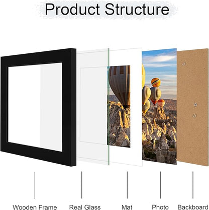 iRahmen 8x8 Picture Frame with Mat 6x6 - High Definition Real Glass Wooden Photo Frames for Tabletop Display and Wall Mounting (Pure Black, Set of 2)