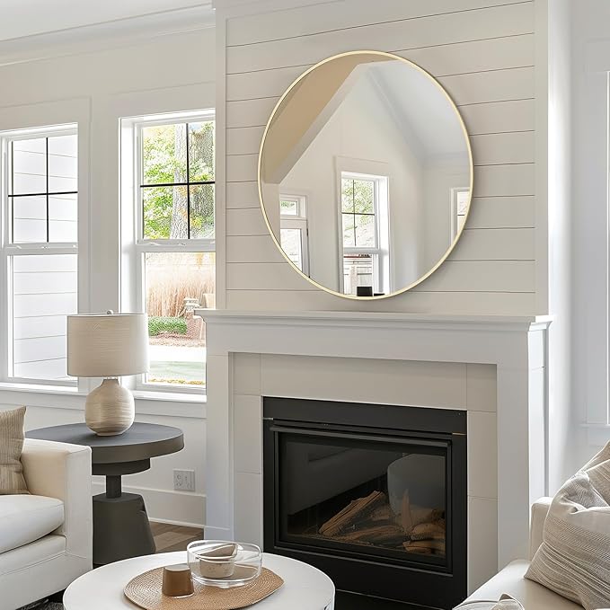 HOMECOOKIN Bathroom Round Wall Mirror, 28" Gold Modern Circle Vanity Mirror with Metal Framed, Wall Mounted Decorative Mirrors for Entryway Living Room,Hanging or Leaning, Anti-Rust, Tempered