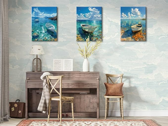 weiyiart Beach Decor Canvas Wall Art Blue Ocean Boat on the Sea Print Painting Coastal Seascape Pictures Artwork for Living Room Bedroom Bathroom Home Decoration Ready to Hang 12"x16"x3pcs