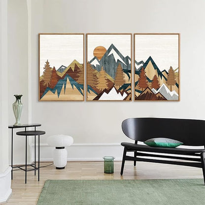 SIGNINART Vintage Mountain Framed Canvas Wall Art, Boho Sunrise Art Prints, Forest Nature Wilderness Art Paintings, Modern Farmhouse Woodcut Style Wall Decor for Living Room Bedroom, Office 24"x36"x3