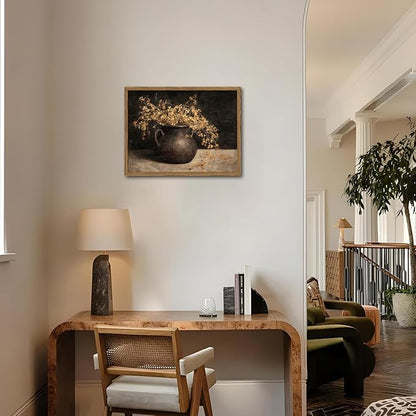 Framed Vintage Floral Wall Art, 3D Textured Sandstone Dark Still Life Flowers Wall Decor Paintings, Rustic Botanical Pictures Prints Aesthetic Home Decor for Living Room Bedroom 16x24 inch