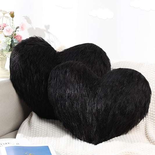 Enhon 2 Pcs Fluffy Heart Pillows Faux Fur Heart Shaped Plush Pillow Soft 20 x 15.7 Inch Love Throw Pillows with Insert for Decorative Office Home Bedroom Living Room Sofa(Black)