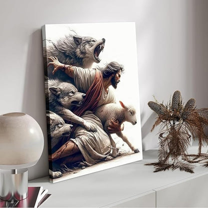Jesus and Lamb Wall Art Jesus Saves the Lost Sheep Christian Picture Wall Decor Shepherd Protect a Lamb from Wolves Painting Poster Print Artwork for Living Room Bedroom Church Decor 24X36 in canvas