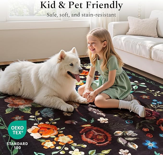 Rugflix 2x3 Small Area Rugs for Entryway, Washable Entrance Door Mat Non-Slip, Soft Low Pile Stain Resistant Vintage Floral Indoor Throw Rug for Kitchen, Bedroom, Hallway, Black