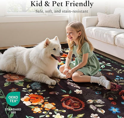 Rugflix 2x3 Small Area Rugs for Entryway, Washable Entrance Door Mat Non-Slip, Soft Low Pile Stain Resistant Vintage Floral Indoor Throw Rug for Kitchen, Bedroom, Hallway, Black