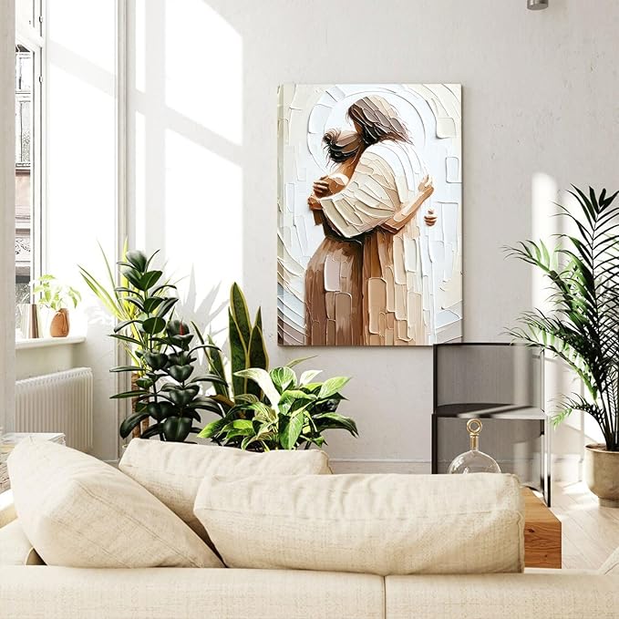 Jesus Embracing Woman Canvas Wall Art, Safe in His Arms Pictures Canvas Print Posters Wall Decor, Christian Wall Art Home Decor for Living & Prayer Room 24x36 inch Framed