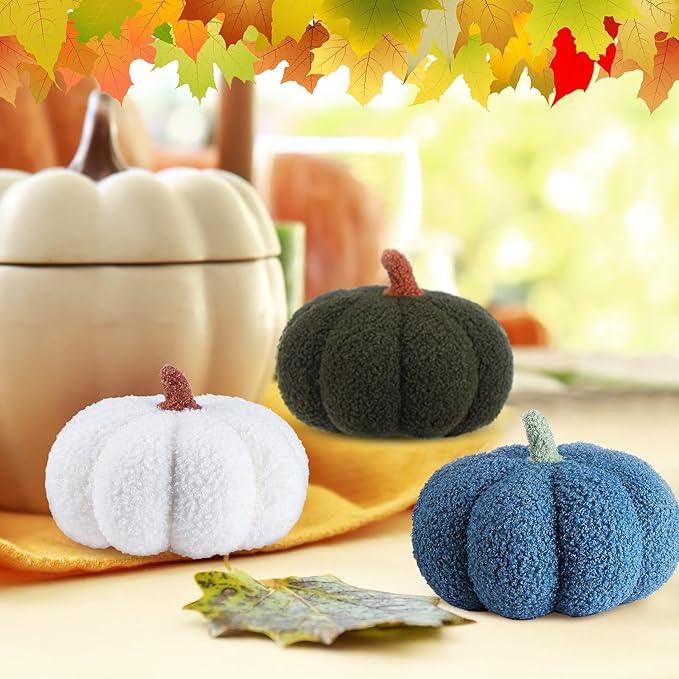 Namalu 3 Pcs Thanksgiving Pumpkin Pillows 3D Throw Cushion Soft Sofa Pillows Stuffed Pumpkin Decoration for Fall Winter Living Room Home Christmas Thank You Gifts(7.87 Inch,White, Green, Blue)