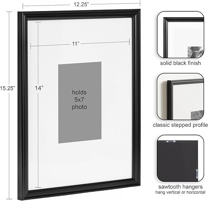 Kate and Laurel Adlynn Rectangle Picture Frame Set of 3; 11 x 14 matted to 5 x 7; Black; Modern Three-Piece Frame Set for Gallery Wall Frame Set in Living Room Wall Decor