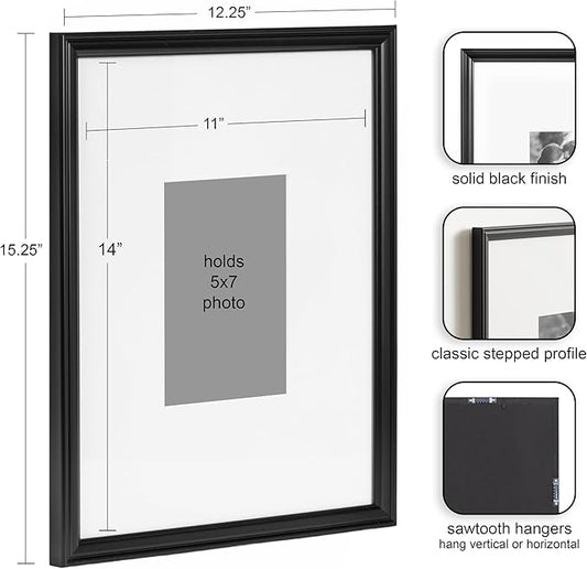 Kate and Laurel Adlynn Rectangle Picture Frame Set of 3; 11 x 14 matted to 5 x 7; Black; Modern Three-Piece Frame Set for Gallery Wall Frame Set in Living Room Wall Decor