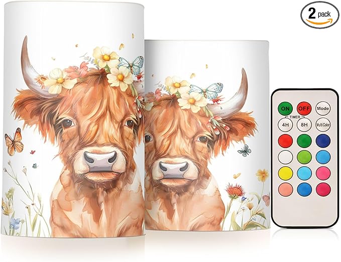 ALAZA Kawaii Highland Cow Butterflies Flickering Flameless Candles Battery Operated with Remote Timer,Tea Light Candles LED Pillar Votive Candles Set of 2 for Outdoor Indoor Decorations