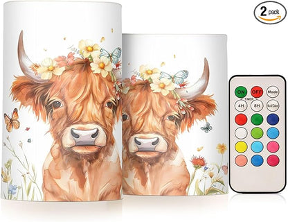 ALAZA Kawaii Highland Cow Butterflies Flickering Flameless Candles Battery Operated with Remote Timer,Tea Light Candles LED Pillar Votive Candles Set of 2 for Outdoor Indoor Decorations