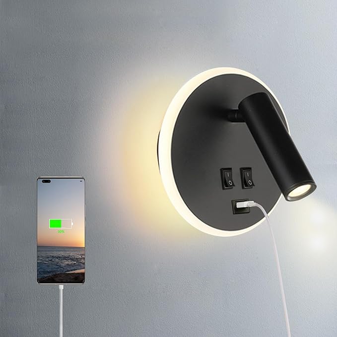USB Charging Port Wall Wash Light Black Bed LED with Interior Wall Adjustable Spotlight Reading lamp Wall lamp Bedroom Indoor Bedside Lamp 3000K (3W + 9W)