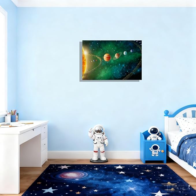 12x16 Framed Solar System Space Canvas Wall Art Green Galaxy Planets Astronomical Decor Kids Bedroom Cosmic Wall Pictures Teen Boy Room Universe Galaxy Poster Child Office Study Room Art Prints