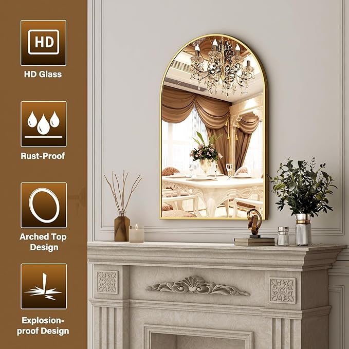 XRAMFY 20"x30" Gold Arched Bathroom Mirror - Wall Mirror for Bathroom, Metal Frame Vanity Mirror, Dresser Mirror, Arch Decorative Mirrors for Living Room, Bedroom, Entryway, Mantle