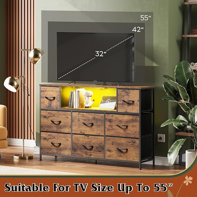 Simple Deluxe TV Stand Dresser with 8 Fabric Drawers and Open Shelves, Entertainment Center with LED Lights & Charging Station, Wood Top for 45" -55" TV, for Bedroom/Living Room/Hallway, Brown